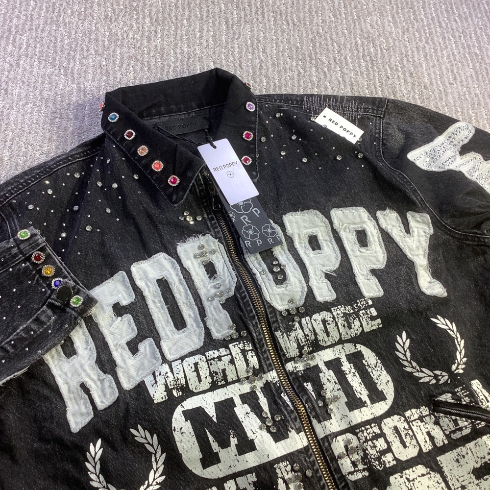 Red Poppy Black Wash Embellished Graphic Denim Jacket Mens Size XL NWT - Picture 1 of 14